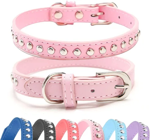 Miniatura 19 de BINGPET Collar de cuero ajustable para perro, collar duradero con tachuelas, con hebilla de metal y anillo en D para perros pequeños, medianos