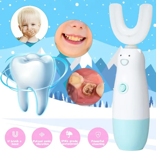 Miniatura 2 de Meqtpomy Cepillo de Dientes Eléctrico para Niños, Cepillo de Dientes en Forma de U Impermeable a Batería 360 Automático Sónico para Niños Pequeños