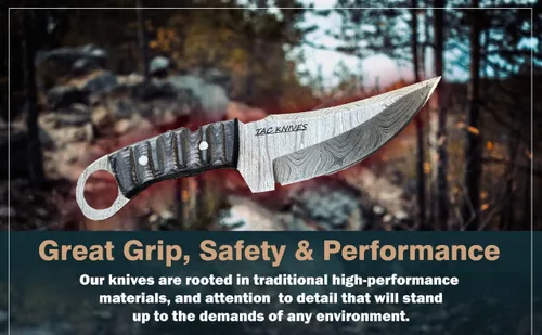 Miniatura 2 de TAC Knives - Cuchillo de supervivencia Bushcraft 12T27 de acero de Damasco con hoja fija para exteriores - Mango de madera Pakka - Funda de cuero