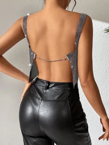 Miniatura 2 de SOLY HUX Women's Glitter Rhinestone Sexy Cami Crop Tops Chain Backless Sleeveless Club Party Top