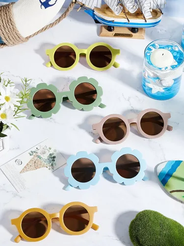 Miniatura 4 de Dunzy 16 pares de lentes de sol para niños, diseño de flores, lindos lentes de sol redondos para niñas y niños pequeños, fiesta en la playa, de 3 a