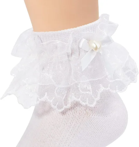 Miniatura 3 de Looching 5 pares de calcetines de encaje con volantes y lazo con volantes de malla con ojales de princesa, calcetines de vestir al tobillo