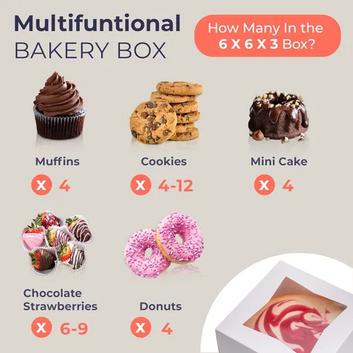 Miniatura 4 de Fit Meal Prep Paquete de 25 cajas de panadería con ventana de 6 x 6 x 3 pulgadas, caja de cartón para cupcakes, pasteles y pastelería, caja