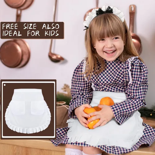 Miniatura 6 de Delantal de cintura blanca con 2 bolsillos, medio delantal blanco para mujer, delantal de camarera para cocina, restaurante, bistró, cafetería