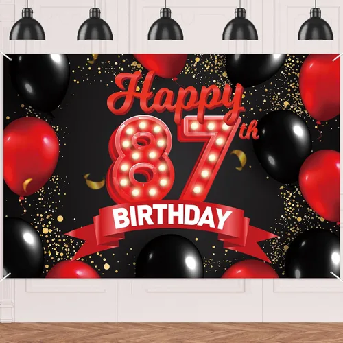 Cartel de feliz cumpleaños 87 años, fondo rojo y negro, decoraciones de banner, globos, tema para niñas, mujeres, princesas, fiesta de cumpleaños de