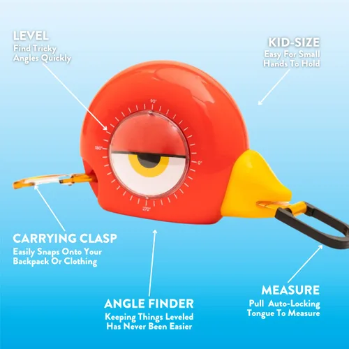Miniatura 11 de Handy Famm Cinta métrica de pájaro rojo de 8 pies para niños, herramienta educativa STEM con nivel, transportador, diseño retráctil, juguete