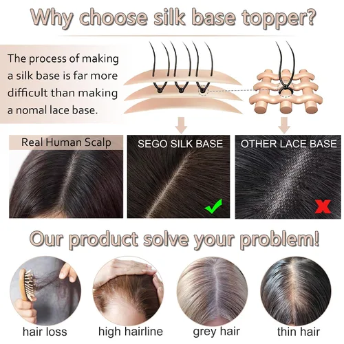Miniatura 6 de SEGO SEGOHAIR - Toppers de cabello humano real para mujer, sin flequillo, más grande de 5.1 x 5.9 in, base de seda, densidad del 150 %, extensiones