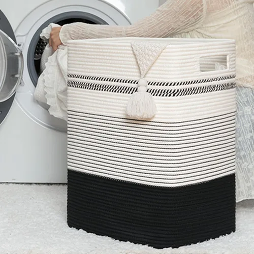 Miniatura 5 de Cesta de Ropa Sucia, Cesta de Lavandería Grande de Cuerda Tejida Alta con Asas, 22" X 17" X 13", Cesta de Almacenamiento Decorativa para Ropa