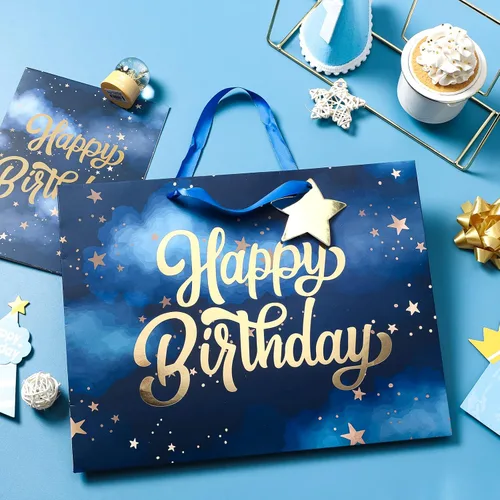 Miniatura 6 de WRAPAHOLIC Bolsa de regalo grande de 13 pulgadas con tarjeta y papel de seda, papel de estrella azul marino dorado feliz cumpleaños Azul marino