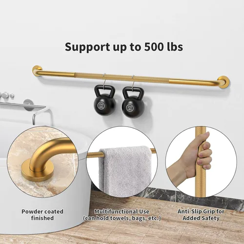 Miniatura 4 de Munzong - Barra de agarre antideslizante para ducha de 48 pulgadas, barra de agarre para pared de baño, barra de equilibrio moleteada dorada