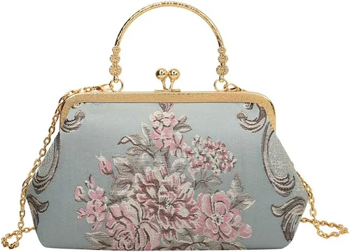 Bolso de noche con bordado de flores vintage para mujer, bolso de hombro cruzado con correa de cadena