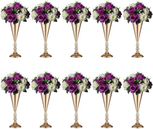 Miniatura 14 de Sziqiqi Juego de 2 centros de mesa altos metálicos para mesas de recepción de boda Florero dorado con soporte Decoración de base para fiestas