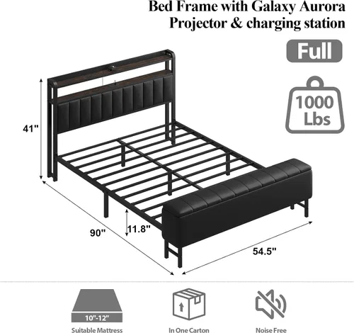 Miniatura 2 de Base de cama de tamaño matrimonial con proyector de estrellas y estación de carga, plataforma tapizada de piel sintética con cabecera de Negro