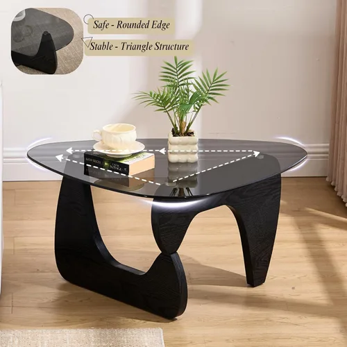 Miniatura 6 de LukeAlon Mesa auxiliar triangular moderna color negro y gris, parte superior de vidrio templado y base de madera, mesa auxiliar geométrica abstracta