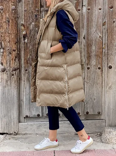 Miniatura 3 de Avilego Chaleco largo con capucha para mujer, con cierre completo, sin mangas, acolchado, chaqueta de moda