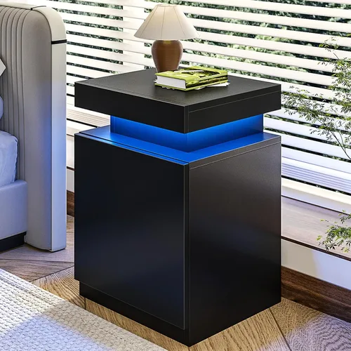 Miniatura 13 de oneinmil Juego de 2 mesitas de noche con luces LED, mesita de noche con armario de almacenamiento para dormitorio, mesita de noche con LED