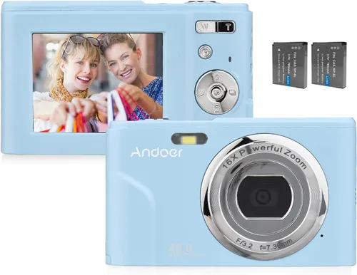 Andoer - Cámara digital portátil de 48 Mpx. y 1080P con pantalla IPS de 2,4 pulgadas, zoom de 16x, enfoque automático, temporizador automático, Azul