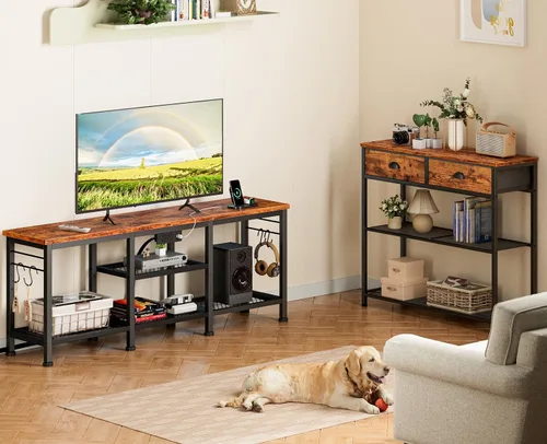 Miniatura 7 de Furologee - Soporte de TV con tomas de corriente, centro de entretenimiento con estantes de almacenamiento abiertos para televisores de hasta 55
