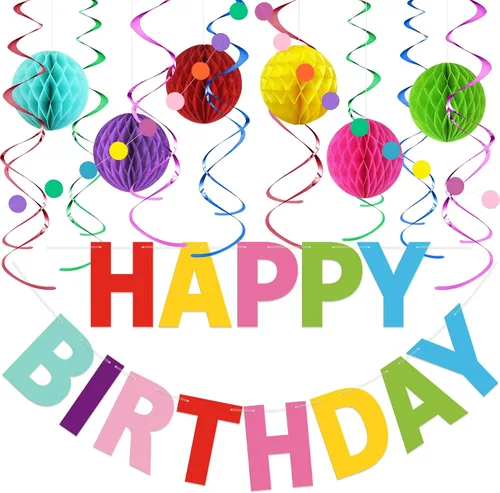 Miniatura 9 de Kit de decoraciones de cumpleaños pastel - Set de 17 piezas con pancarta de feliz cumpleaños pre-hilada, bolas de panal, guirnalda y remolinos