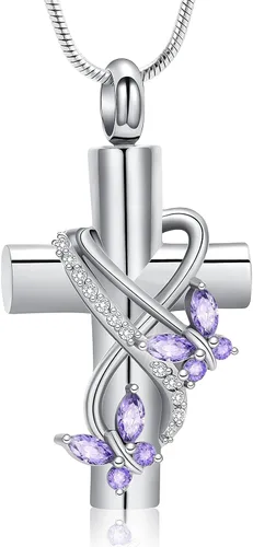Miniatura 22 de shajwo Collar de Urna en Cruz para Cenizas con Piedra de Nacimiento Rosa Flor Joyería de Cremación para Mujeres Niñas Recuerdo Memorial Colgante