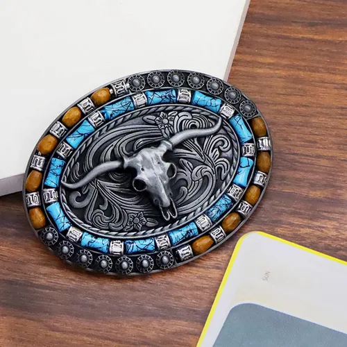 Miniatura 20 de RechicGu Hebilla de cinturón ovalada de calavera de toro de cuerno largo, cuentas de madera turquesa nativa americana, hebillas de vaquero