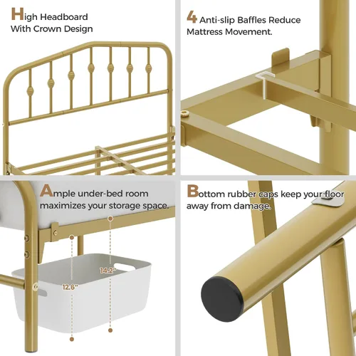 Miniatura 7 de Yaheetech Marco de Cama de Metal Tamaño Completo Plataforma de Cama de Metal con Cabecero/Pie de Cama de Estilo Victoriano/Fácil Montaje/No Necesita
