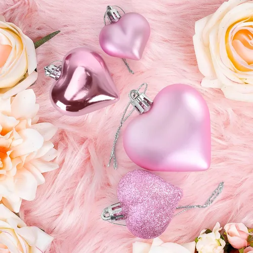 Miniatura 5 de 48 adornos para el día de San Valentín, decoraciones en forma de corazón rosa, 2 tamaños de bolas colgantes, adornos brillantes para boda