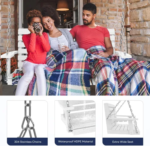 Miniatura 33 de KINGYES Columpio colgante para porche al aire libre, silla de columpio de patio de 2 asientos con portavasos, banco impermeable para patio y jardín