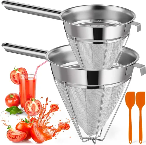 Nuogo Juego de 2 coladores chinos de acero inoxidable de malla fina de metal para caldo de alimentos, colador de malla fina con mango y espátula de