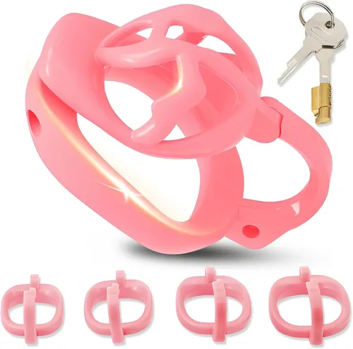 Jaula de castidad impresa en 3D con 4 anillos diferentes, jaula de pene masculina con ganchos y cerraduras ocultas, dispositivo de castidad de Rosado