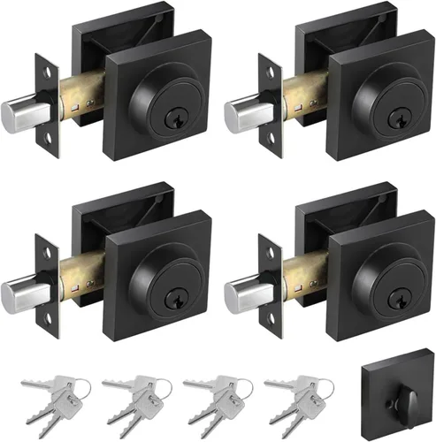 Miniatura 13 de Cerradura cuadrada de un solo cilindro moderno con llaves, cerrojo negro mate para entrada de puerta delantera, cerradura de seguridad de puerta