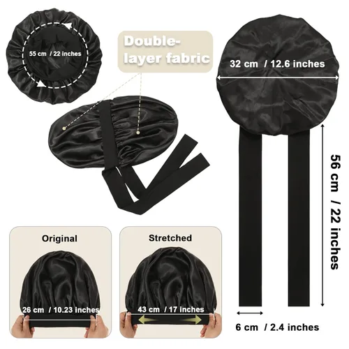 Miniatura 2 de Gorro de satén para mujer, con banda de amarre para el cabello, para dormir, grande de 2 capas, gorro de dormir de seda para dormir con 3 coleteros