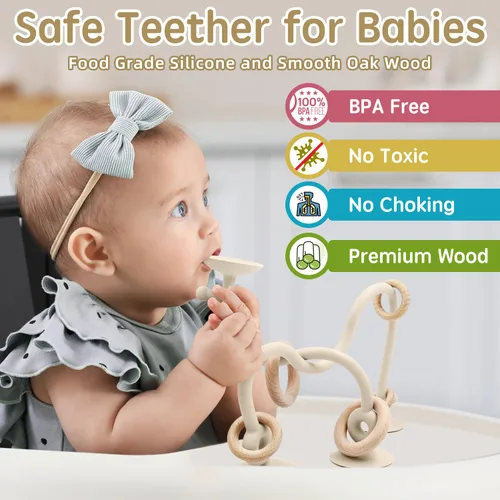 Miniatura 2 de Juguetes sensoriales de succión para silla alta para bebés de 12 a 18 meses, cuerda de silicona de grado alimenticio con lazo de roble, juguete Beige