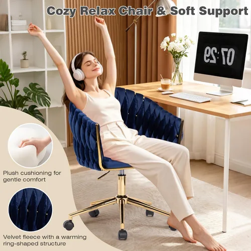 Miniatura 3 de Silla de Oficina de Terciopelo con Respaldo, Sillas de Tocador con Ruedas, Silla de Escritorio de Oficina en Casa de Terciopelo Giratoria 360°, Azul