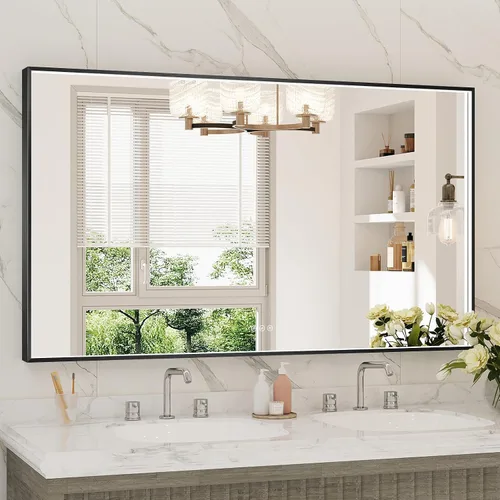 Miniatura 32 de Espejo de baño LED de 24x32 pulgadas con luces, espejo LED con marco de metal negro para baño, 3 colores y luz regulable sin escalones montada