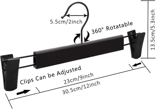 Miniatura 3 de Perchas para pantalones, perchas para faldas, paquete de 20 perchas de plástico negro para pantalones con clips grandes antideslizantes y 360