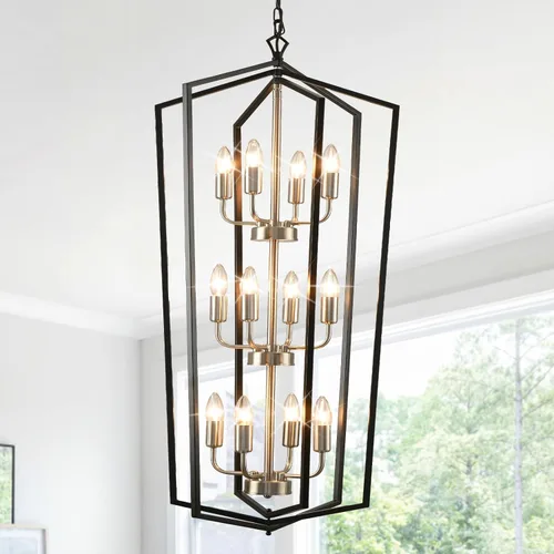 Miniatura 10 de WJShome 46 cm de diámetro Candelabro negro y dorado, lámpara de comedor estilo granja de 4 luces, lámparas modernas de vestíbulo, lámpara colgante