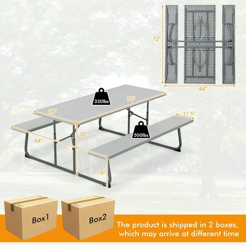 Miniatura 3 de Tangkula Mesa de picnic plegable de 6 pies, mesa de picnic al aire libre con 2 bancos integrados, agujero para paraguas, marco de metal y mesa