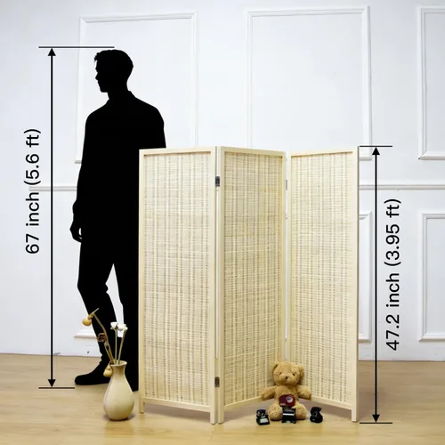 Miniatura 2 de Furnnylane Pantalla divisora corta de habitación de 3 paneles, partición independiente beige, pequeño divisor de panel de bambú para separación