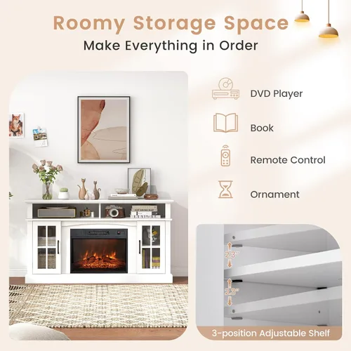 Miniatura 7 de Tangkula Soporte de TV con chimenea para televisores de hasta 65 pulgadas, consola de TV con chimenea eléctrica con control remoto, protección Blanco