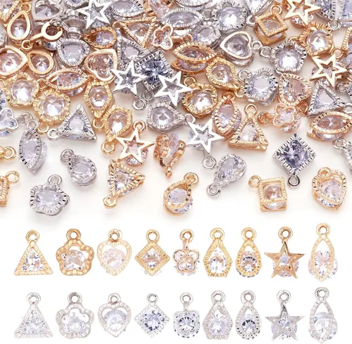 Miniatura 9 de Beadthoven - Dijes de circonita cúbica a granel, chapados en oro KC, colgantes de piedra de circonita cúbica, corazón, estrella, lágrima, flor