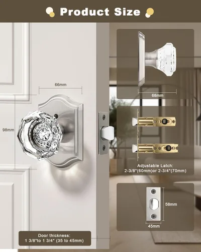 Miniatura 9 de Gobrico Paquete de 3 pomos de puerta de cristal transparente, manijas de puerta de cama/baño, función de privacidad, perilla interior de vidrio
