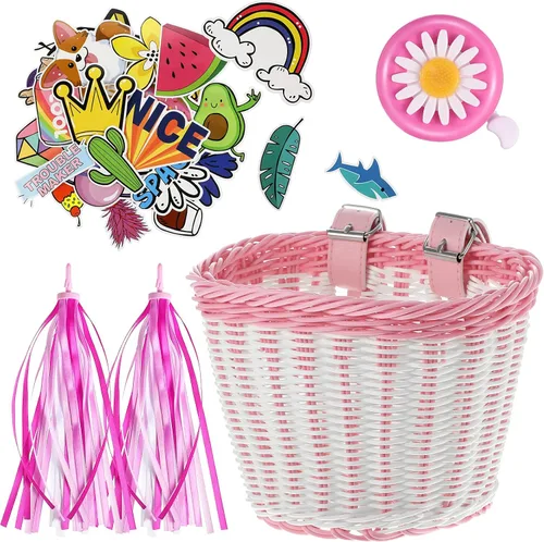 Miniatura 9 de Set de serpentinas para cesta de bicicleta para niños, cesta de mimbre para manillar de bicicleta con serpentinas de bicicleta coloridas, campana