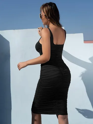 Miniatura 5 de BEAGIMEG vestido de fiesta sexy y entallado para mujer, sin mangas, fruncido, básico y largo hasta la rodilla