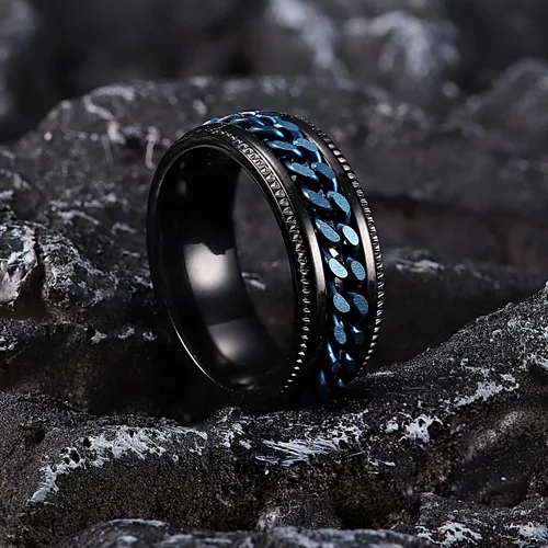 Miniatura 5 de FIBO STEEL - Anillos de acero inoxidable de 8mm para hombres, anillos con cadena incrustada y borde con textura, disponible en tallas 7-14