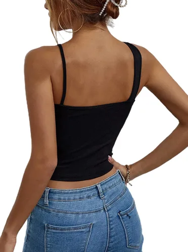 Miniatura 2 de Remidoo Top corto sexy con tirantes asimétricos y corte de punto acanalado para mujer