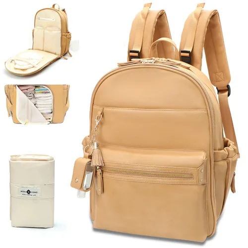 Miniatura 7 de miss fong Bolsa de pañales de cuero, bolsa de pañales para bebé, 16 bolsillos con soporte para desinfectante de manos, cambiador, 2 bolsillos Negro
