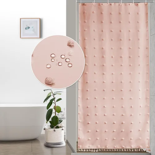 Miniatura 16 de LilyCat Cortina de Ducha de Tela Beige Estilo Boho Granja, 72x72 pulgadas Plisados Acolchados Florales Abullonados con Textura de Borlas, Cortina