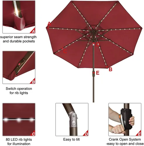 Miniatura 4 de EliteShade - Sombrilla solar de 9 pies / 2.74 metros, con 80 luces LED para patio, mesa al aire libre, con ventilación y cubierta que no se decolora
