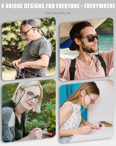 Miniatura 2 de BILIONE Juego de 4 correas deportivas para lentes para hombres, cordón ajustable (cuero/silicona/elástico/cuerda de nailon), soportes alrededor